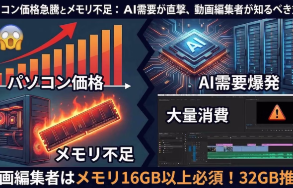 AI需要の増加によるパソコン価格高騰とメモリ不足が動画編集に与える影響を解説した図