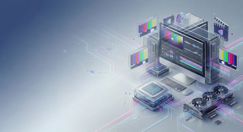 動画編集用パソコンの内部構成やGPU・モニター環境をイメージした3Dビジュアル