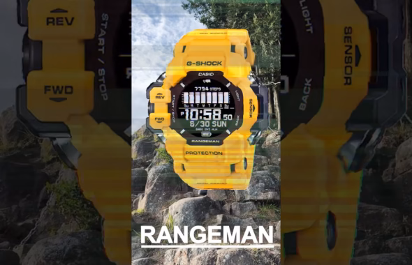 黄色いG-SHOCK RANGEMANを紹介する縦型ショート動画