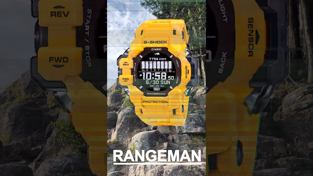 黄色いG-SHOCK RANGEMANを紹介する縦型ショート動画