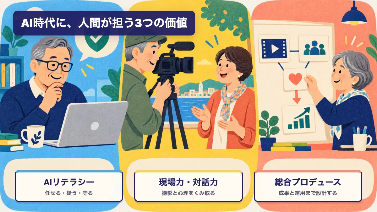 AI時代の動画クリエイターに必要なAIリテラシー・現場力と対話力・総合プロデュース力を示す図