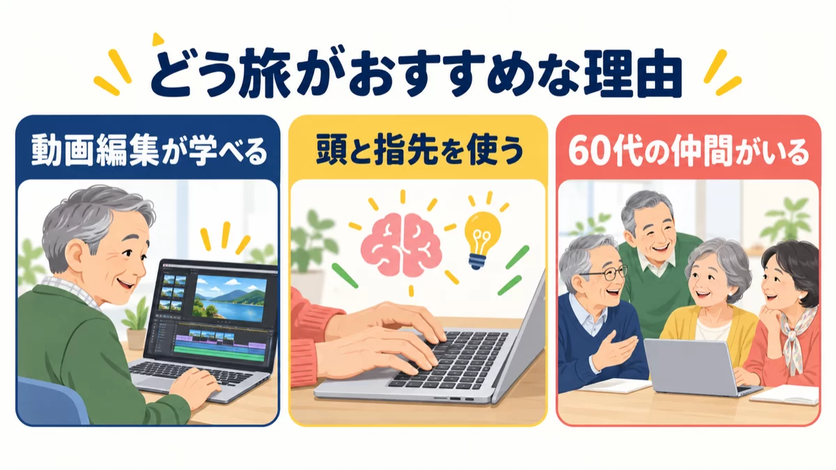 60代の友達作りに動画編集スクールどう旅がおすすめな理由。動画編集を学べる、頭と指先を使う、60代の仲間がいる